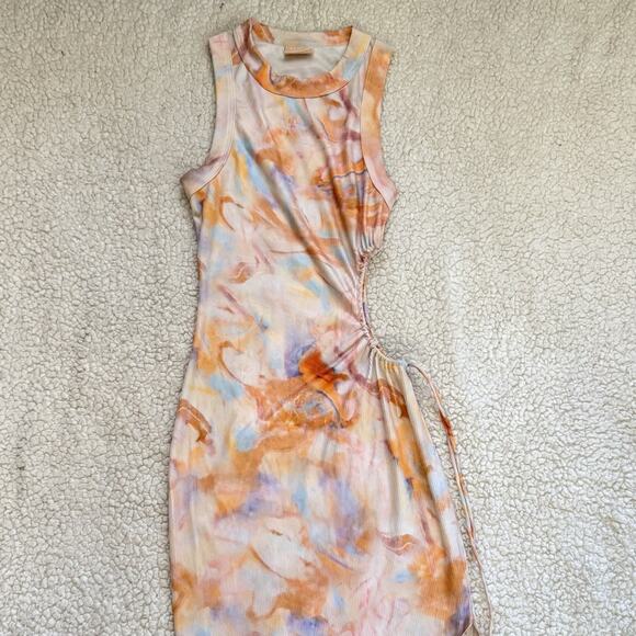 Sage & Paige Midi Dress Sleeveless Ribbed Side Cutout Sz Medium Tie Dye Orange - Picture 2 of 5